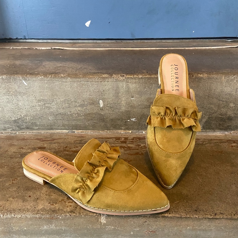Journee Collection Olive Green Ruffle Suede Pointed Mule Loafers - Picture 1 of 6